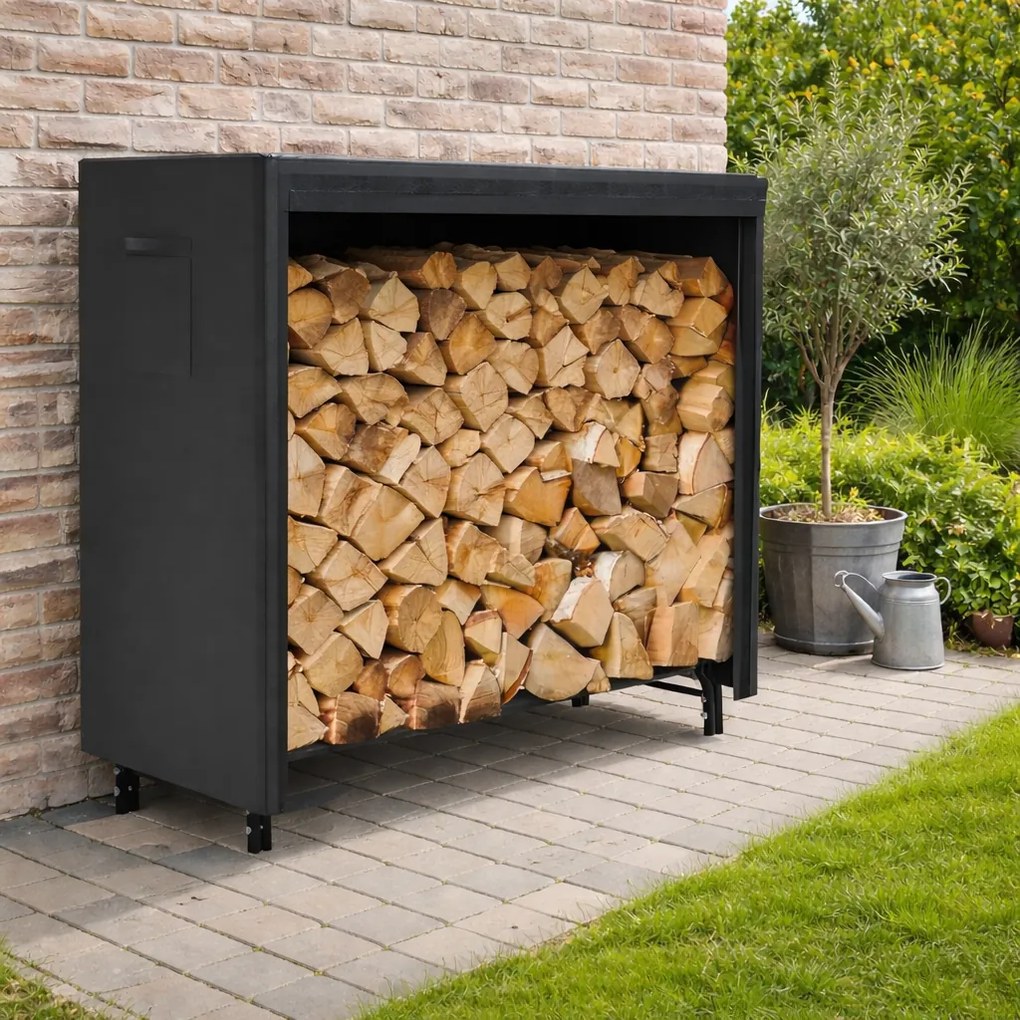 Stojan na drevo s krytom BestBerg BBFR-122C / 122 × 34 × 110 cm / čierna