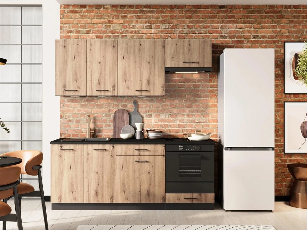 Kuchynská linka Dendron 200, Farby: grafit / dub artisan + čierna skala, Osvetlenie: osvetlenie LED biele