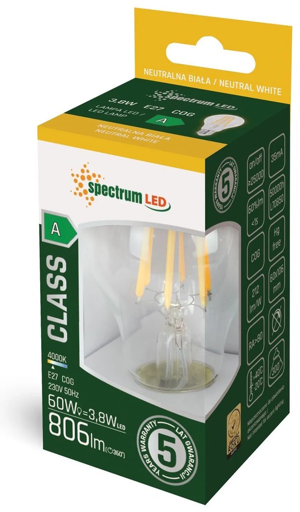 Spectrum Spectrum, LED studená žiarovka GLS COG E-27 3,8W WOJ+14640, OSW-05786