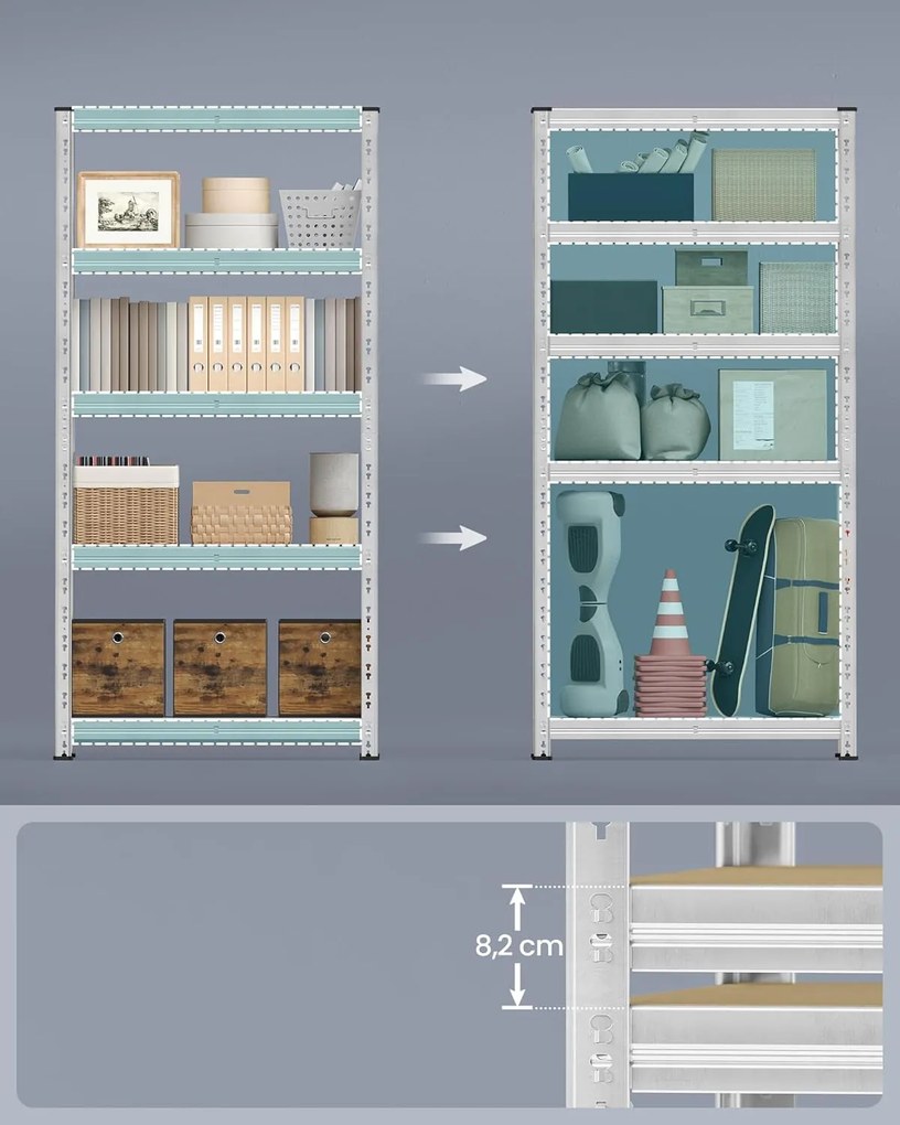 Veľkokapacitné Úložné Poličky, 2 ks, Garážový Poličkový Systém, 40 x 90 x 180 cm, Strieborná