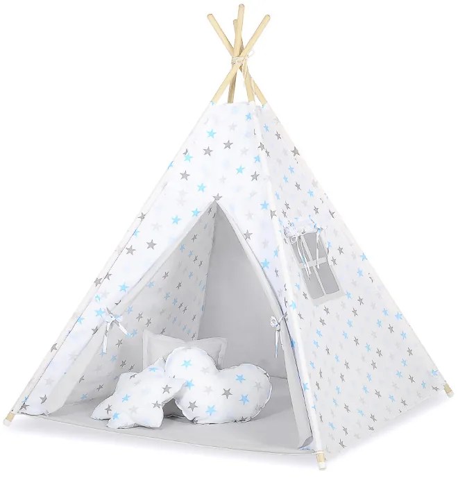 Bobono Stan Teepee pre deti + ozdobné perie - Šedomodré hviezdy/šedá