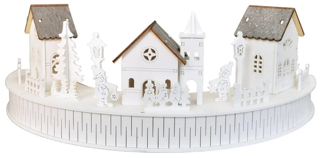 Drevená svietiaca LED dekorácia Dedinka s kostolíkom, 40 x 14 x 20 cm, polkruh