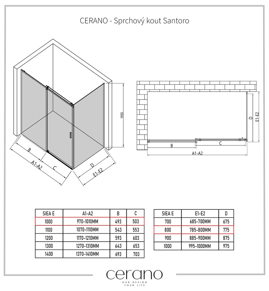 Cerano Santoro, sprchovací kút s posuvnými dverami 100(dvere) x 80(stena) x 195 cm, 6mm šedé sklo, čierny profil, CER-CER-425101