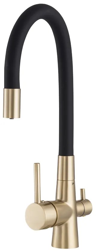 Gamma Flex, trojcestná drezová batéria s flexibilným ramenom s pripojením na filter vody, čierna matná-zlatá matná, GMA-BFXF-BGD