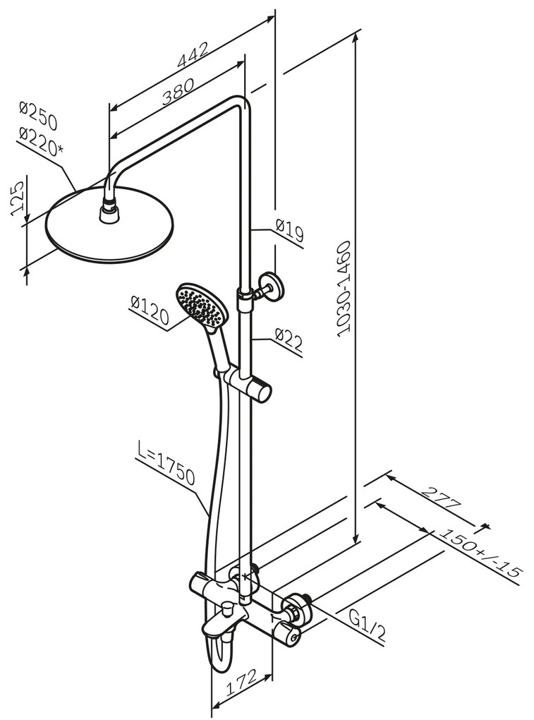 Sprchový systém AM.PM Like F07LA522 s termostatickou vaňovou a sprchovou batériou, čierny