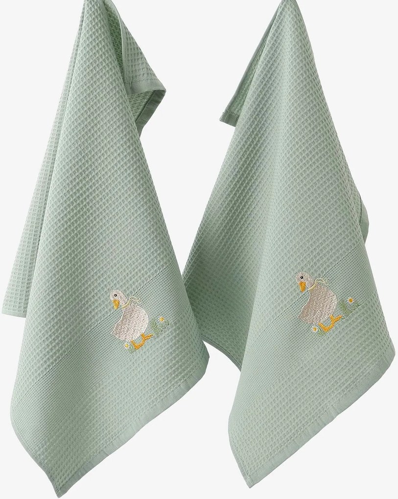 Goldea veľkonočná kuchynská vaflová utierka s výšivkou - kačica na šalviovom 50 x 70 cm