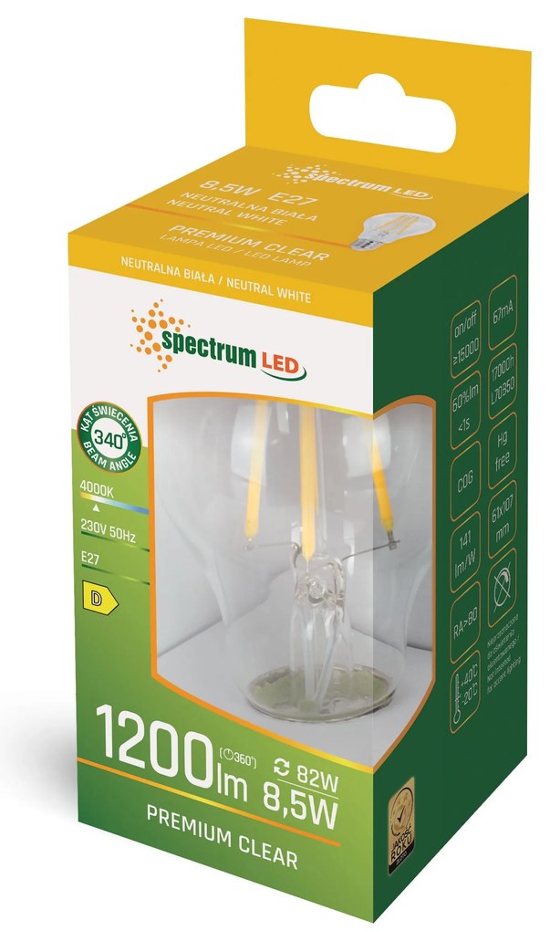 Spectrum LED Spectrum LED, LED žiarovka GLS E-27 8,5W, 4000K, 1200lm, WOJ+14596, OSW-05757