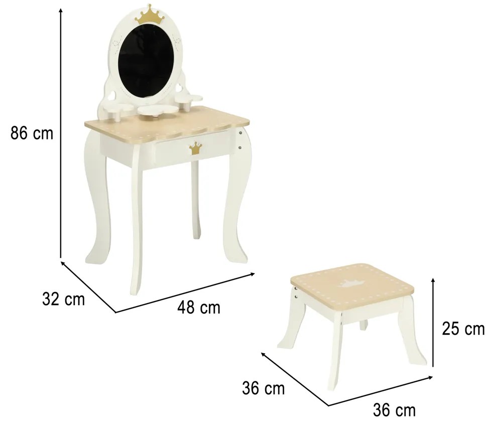 KIK Detský drevený toaletný stolík pre dievčatá Lulilo Bella biely so zrkadlom a doplnkami