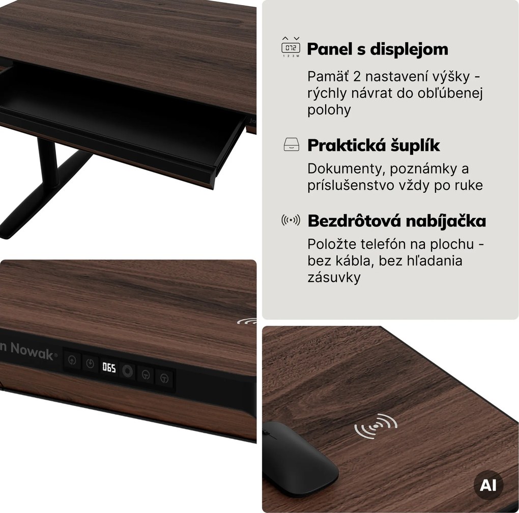 Elektrický písací stôl sit-stand so zásuvkou a bezdrôtovou nabíjačkou Qi čierny/orech, 1200 mm: ELLIS
