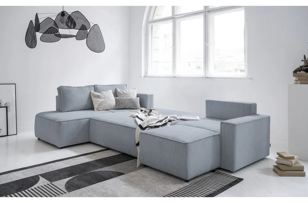 Svetlosivá menčestrová rozkladacia rohová pohovka (ľavý roh/do tvaru "U") Brave Dave – Miuform