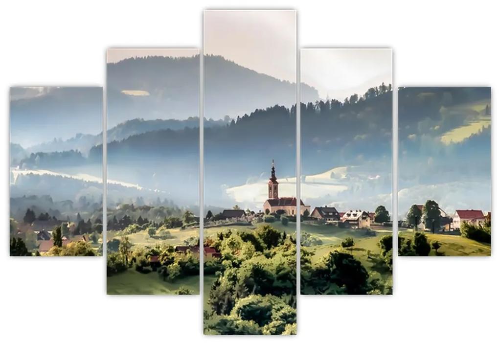 Obraz - dedinka v hmle (150x105 cm)