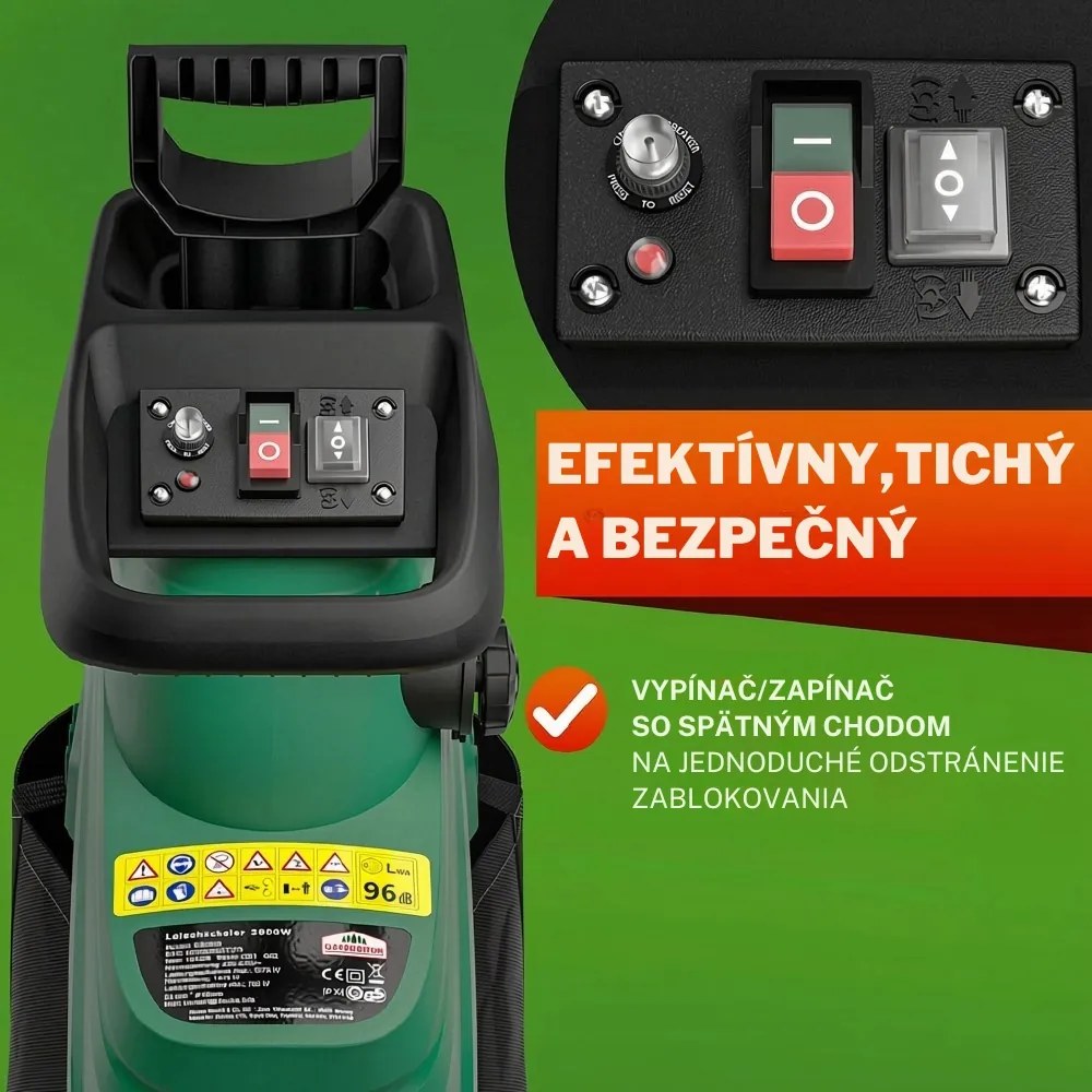 Záhradný štiepkovač/drvič DIOX+2x 60l vrece, 3100W čierna/zelená Gardebruk