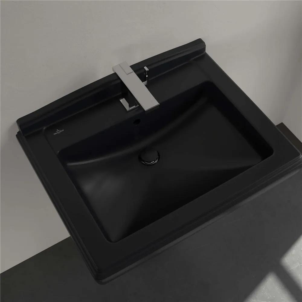 VILLEROY &amp; BOCH Hommage závesné umývadlo s otvorom, s prepadom, 750 x 580 mm, Pure Black, s povrchom CeramicPlus, 710175R7
