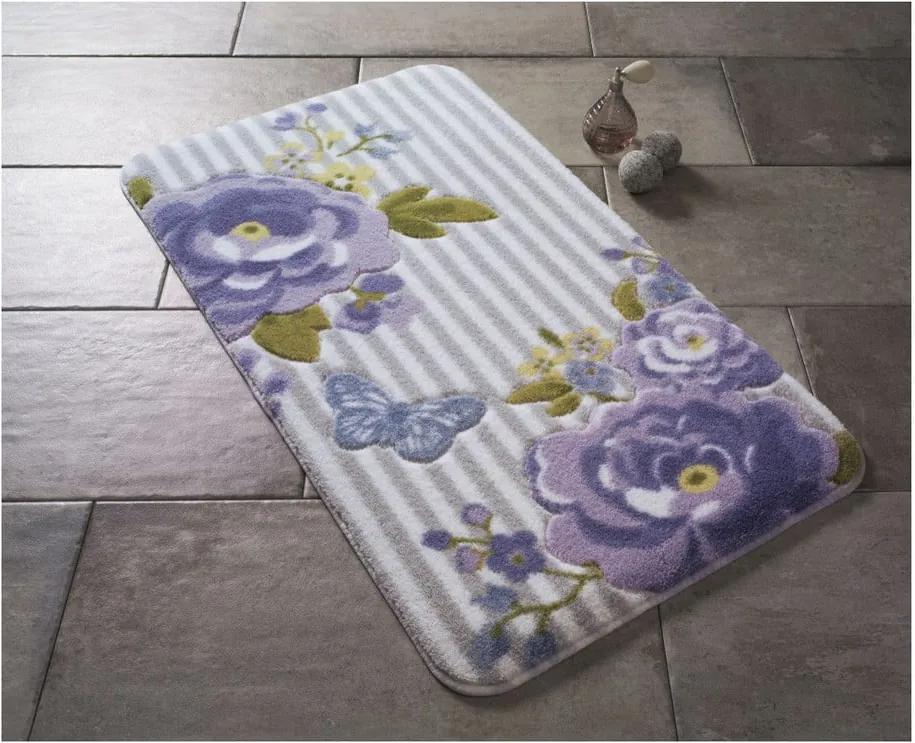 Vzorovaná fialová predložka do kúpeľne Confetti Bathmats Roses, 80 × 140 cm