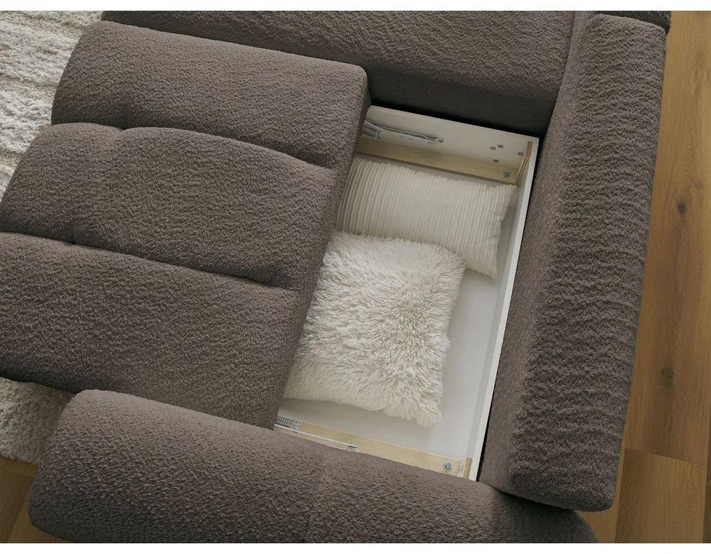 Hnedá rozkladacia/s úložným priestorom rohová pohovka z textílie buklé (ľavý roh/s leňoškou) Roxelane – Bobochic Paris