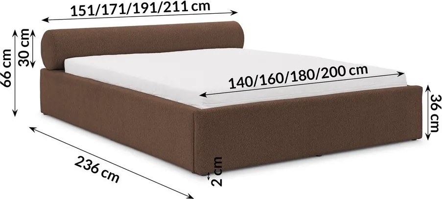 Hnedá čalúnená dvojlôžková posteľ s úložným priestorom s roštom 140x200 cm Cille – Ropez