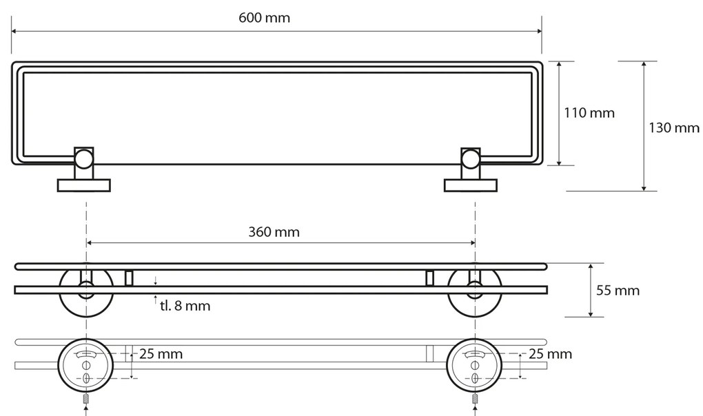 Sapho Sapho, X-ROUND E polička sklenená s výklopnou hrazdou 600x130mm, chróm, XR600