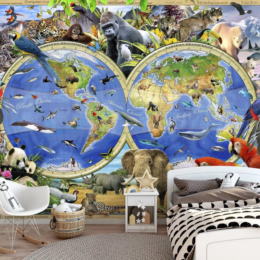 Fototapeta - Mapa sveta - Zvieratá (152,5x104 cm)