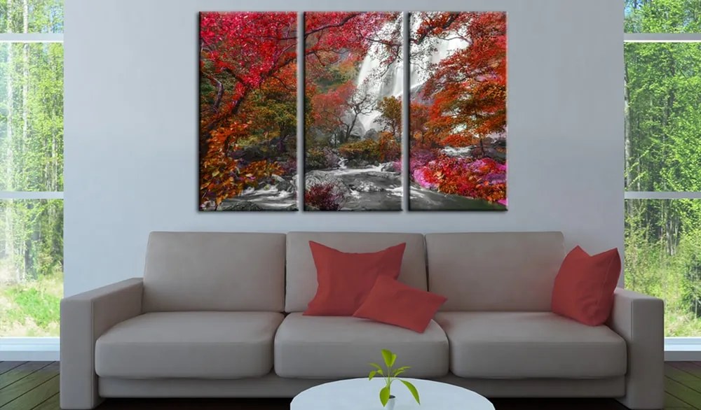 3-dielny obraz jeseň - Beautiful Waterfall: Autumnal Forest