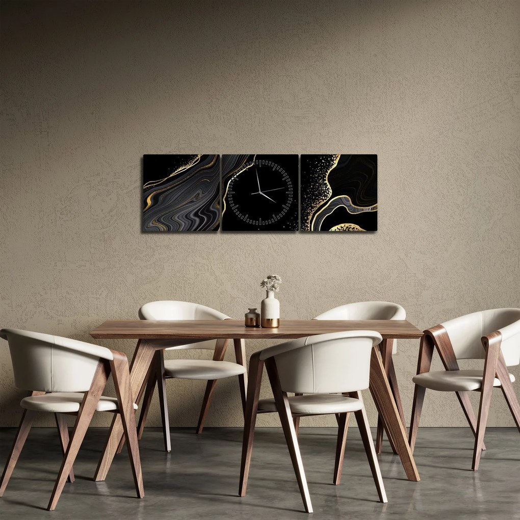 Obraz - Čierno-zlatý mramor (s hodinami) (90x30 cm)