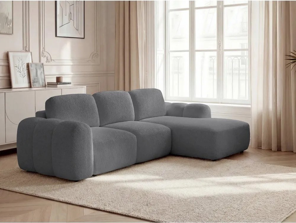 Sivá rozkladacia/s úložným priestorom rohová pohovka z textílie buklé (pravý roh/s leňoškou) Montaigne – Bobochic Paris