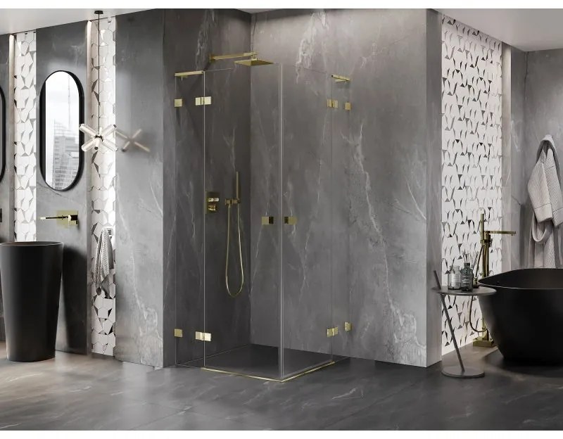 Mexen Lunar, L Duo výklopný sprchový kút 110 x 110 cm, 8mm číre sklo, zlatý profil, 834L-110L-110P-50-00