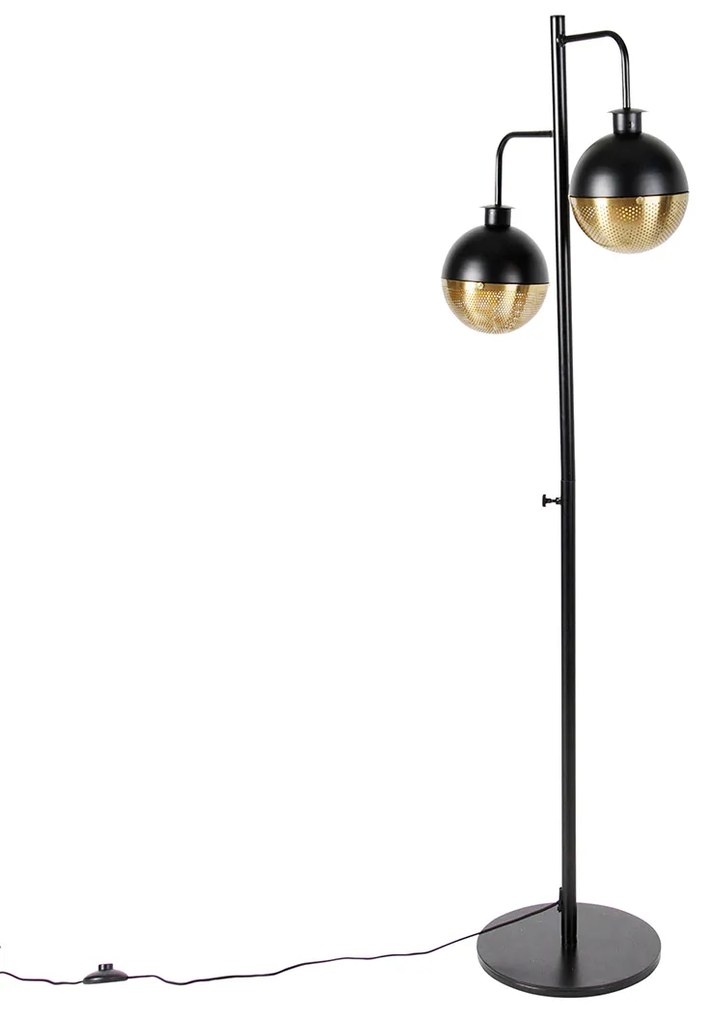 Priemyselná stojaca lampa čierna s mosadzou 2-svetlo - Haicha