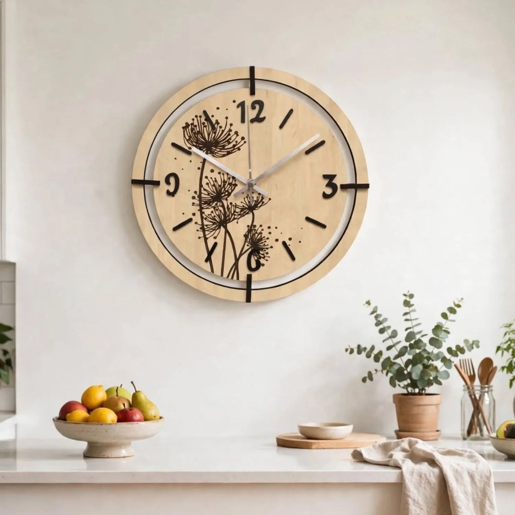 Nástenné hodiny s motívom púpava | LOTI: HDF - Javor 30 cm 4811-115544 HDF0706-ruky-silver