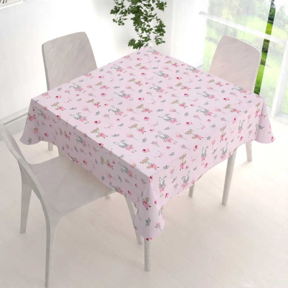 Biante Detský bavlnený štvorcový obrus Sandra SA-466 Zajačikovia a líšky s balónikmi na ružovom 100x100 cm
