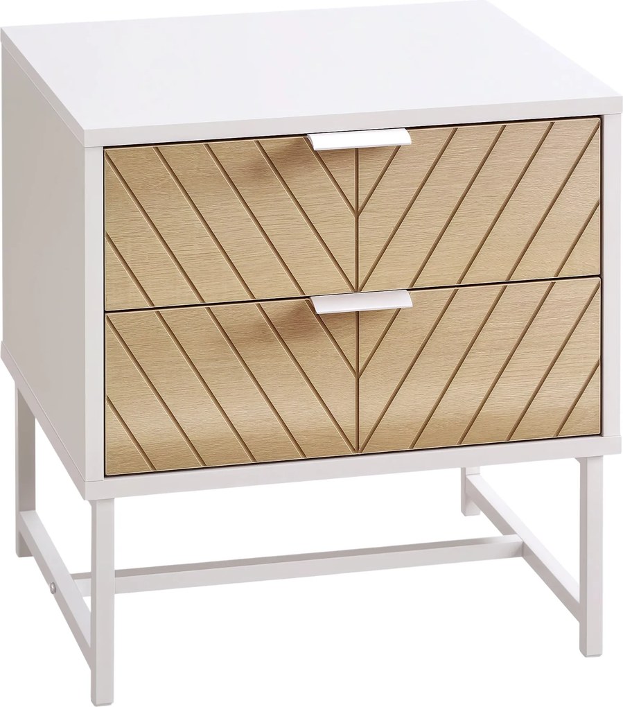 HOMCOM Nočný stolík s 2 zásuvkami a oceľovými nohami, moderný stolík do obývačky a spálne, 45x39x48 cm, Biely a dub | Aosom
