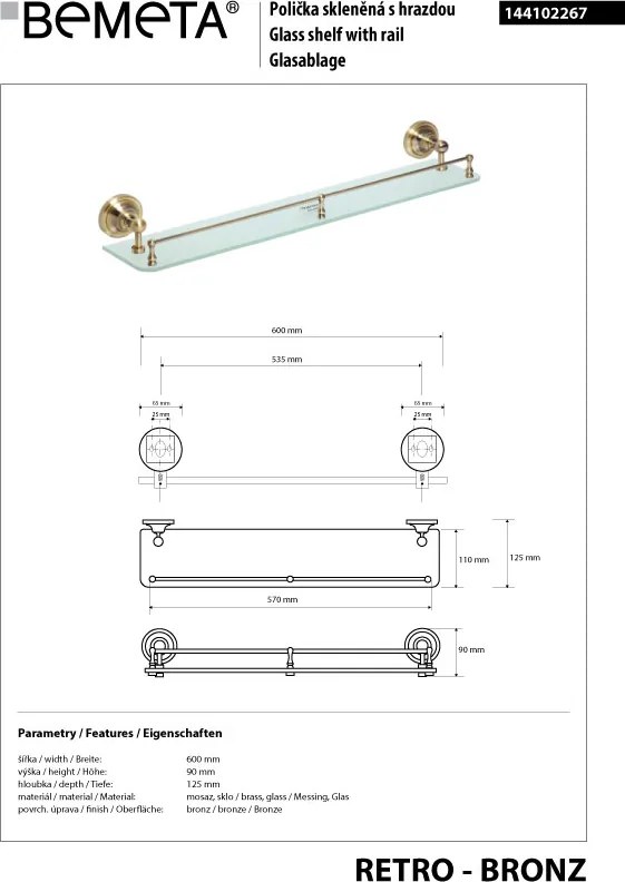 Bemeta Design RETRO bronz: Polička, 600 mm, s hrazdou, sklo - 144102267