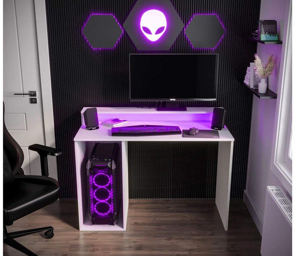 Herný PC stolík Garrick 2 (biely) (s LED RGB osvetlením). Akcia -71%. Vlastná spoľahlivá doprava až k Vám domov. 1064136