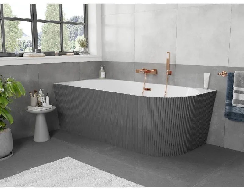 Mexen Silo, rohová voľne stojaca ryhovaná vaňa, ľavá, 170 x 80 cm, biela-šedá, ružové zlato prepad, 52891708062L-60