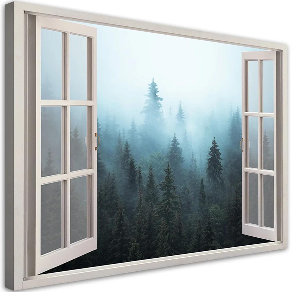Obraz na plátně, Okno Zobrazit les v mlze přírody - 120x80 cm