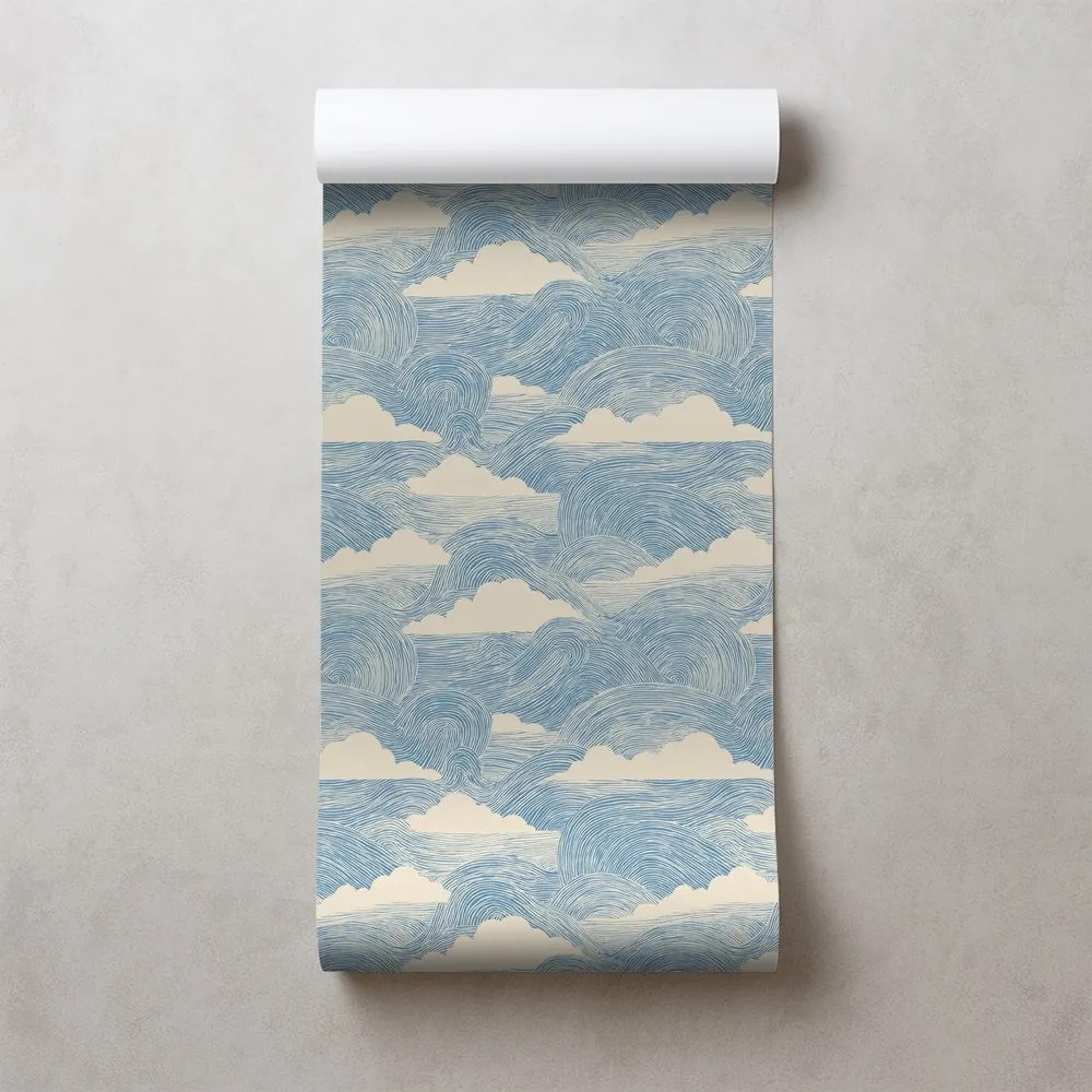 Tapeta modré vlny s bielymi oblakmi