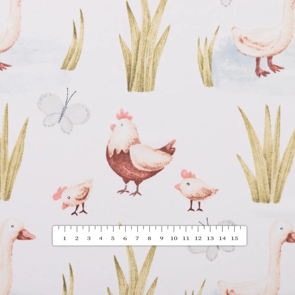 Biante Detský bavlnený behúň na stôl Sandra SA-752 Sliepočky a húsky na bielom 35x120 cm