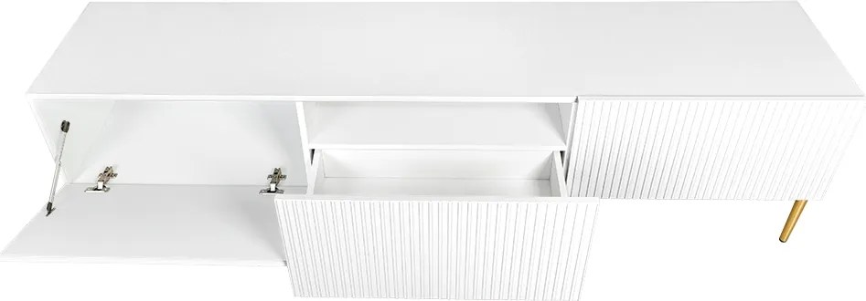 Biela RTV skrinka Nicole 200 cm na kovových nohách so zásuvkou - matná biela / zlaté nohy