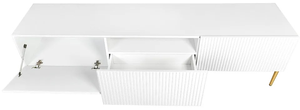 TV stolík so zásuvkou Nicole 200 cm - biely mat / zlaté nohy