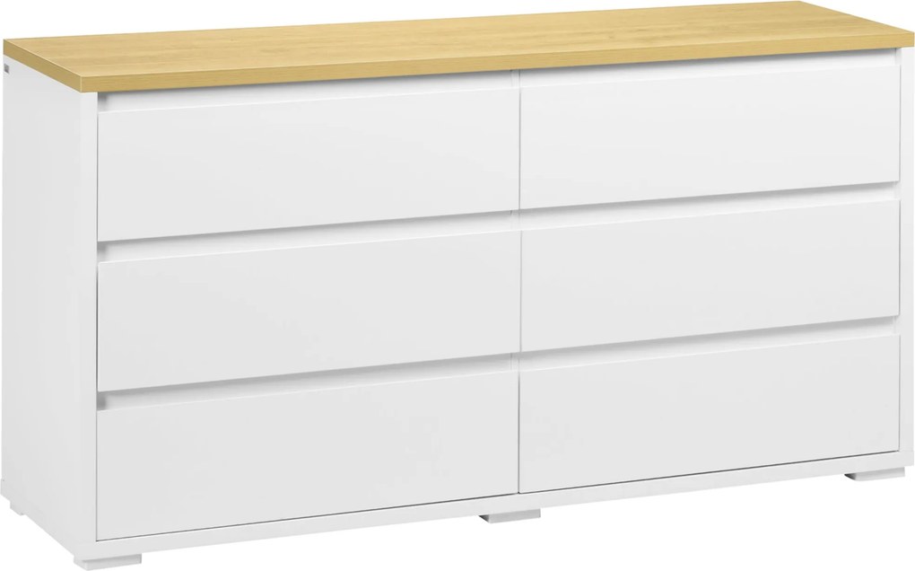 HOMCOM Komoda s 6 zásuvkami z bieleho drevotrieskového materiálu do spálne, štúdia a obývacej izby, 140x37x75cm | Aosom