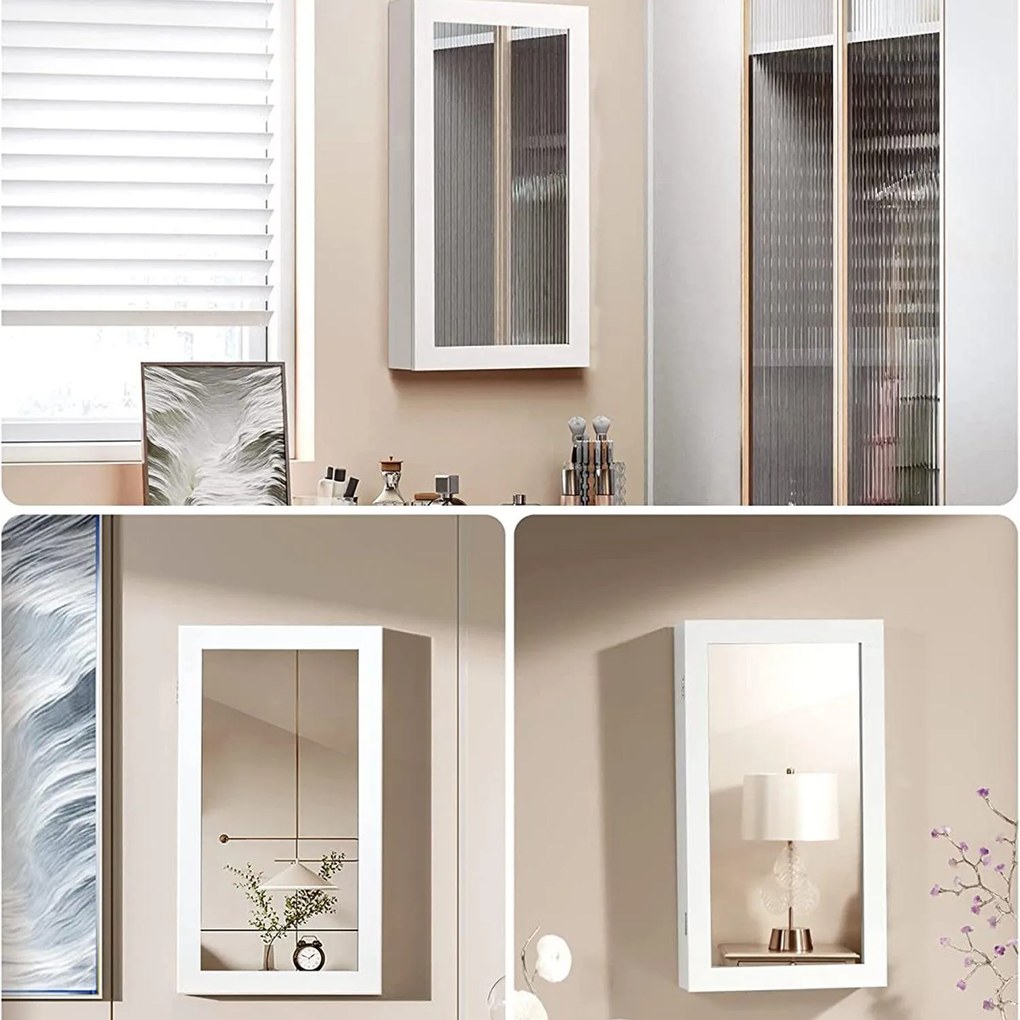 Skrinka na šperky, závesná zrkadlová skrinka, biela