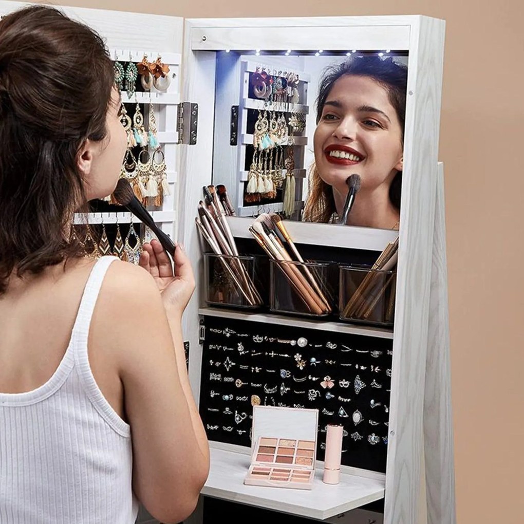 Zrkadlová skrinka na šperky, uzamykateľná, so 6 LED svetlami, otočná o 360°