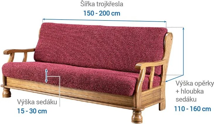 Bielastické poťahy VITTORIA bordó trojkreslo s drevenými rúčkami (š. 150 - 200 cm)