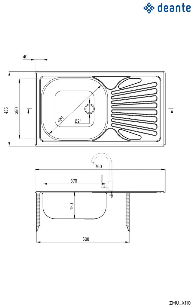 Deante Techno, nerezový drez na dosku 1-komorový Z/O 760x435x150 2" + sifón, vzor satyna, ZMU_0110