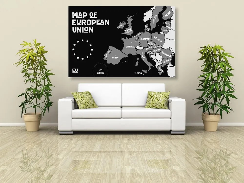 Obraz náučná mapa s názvami krajín európskej únie v čiernobielom prevedení Varianta: 120x80