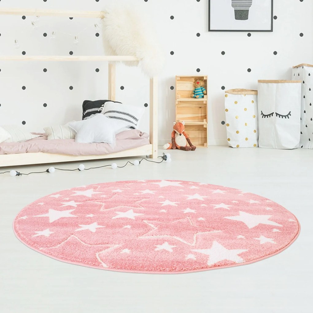 DomTextilu Ružový okrúhly koberec do dievčenskej izby STARS 41717-196995