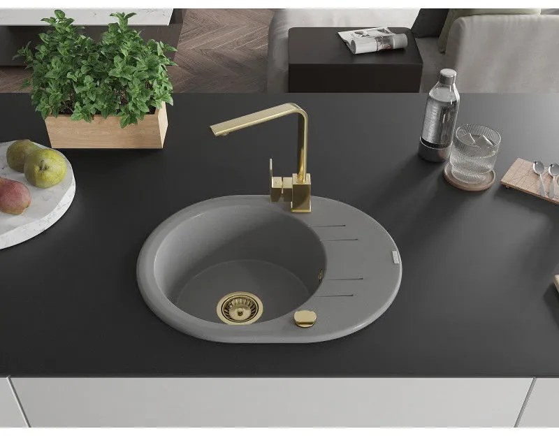 Mexen Kevin, drez granitový 586x458x190 mm, 1-komorový a zlatá batéria Rita, šedá, 6517-71-670300-50