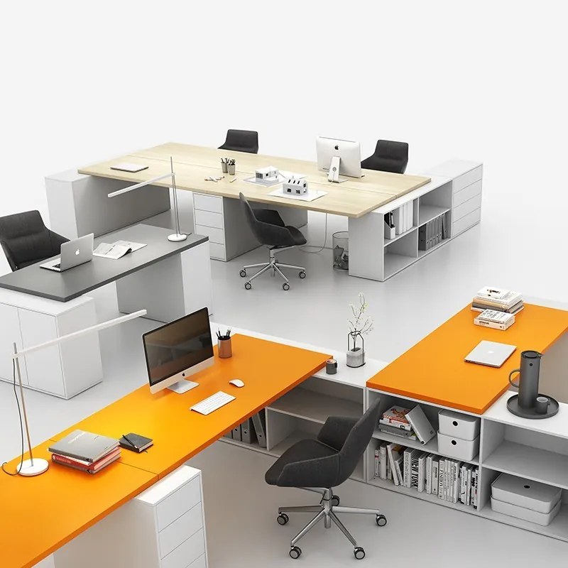 PLAN Kancelársky písací stôl s úložným priestorom BLOCK B01, biela/oranžová