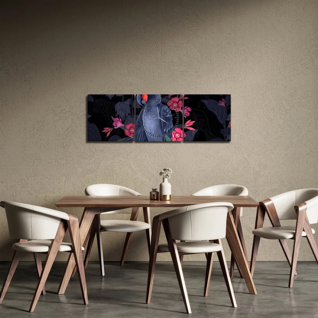 Obraz - Papagáj medzi kvetmi (s hodinami) (90x30 cm)