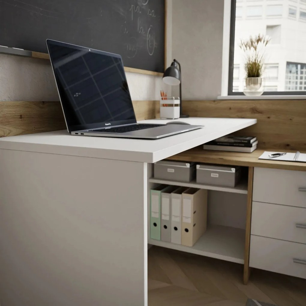 ROHOVÝ PISACÍ STÔL EMANUEL DUB ARTISAN + BIELA