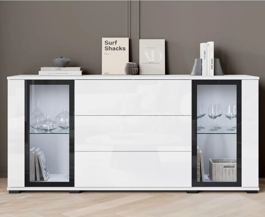 Biela komoda so zásuvkami a vitrínami Caro SB150